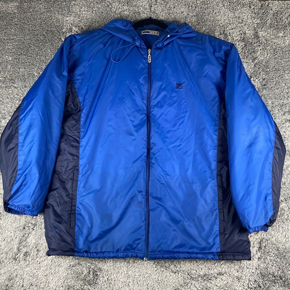 Vintage Fila Puffer Jacket Men XL Blue Colorblock Hood Full Zip Windbreaker Coat